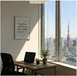 A quiet desk by a window overlooking Tokyo